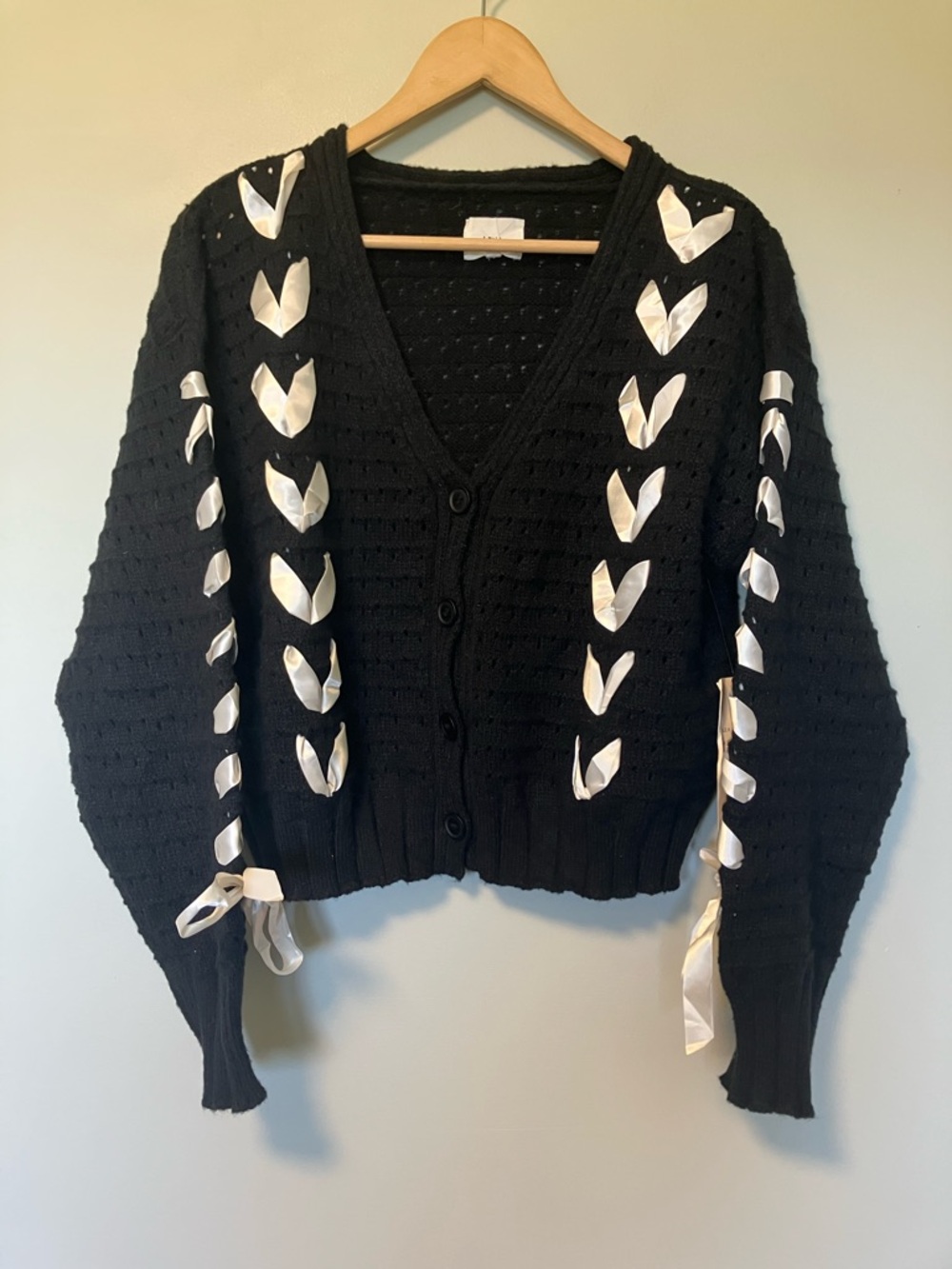 NWT Lena Black V-Neck Cardigan with White Ribbon Detail